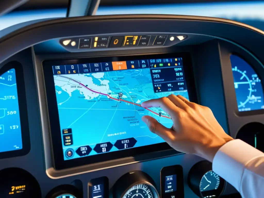 Un piloto interactúa con pantalla táctil de alta resolución en la cabina, mostrando integración pantallas táctiles pilotos y tecnología futurista en aviación