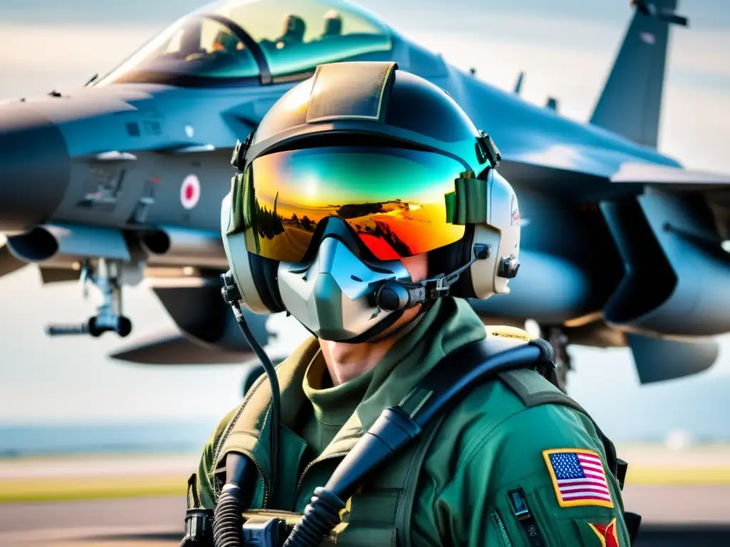 Un piloto militar moderno con equipamiento de seguridad para pilotos, de pie frente a un avión de combate, reflejado en su casco de alta tecnología