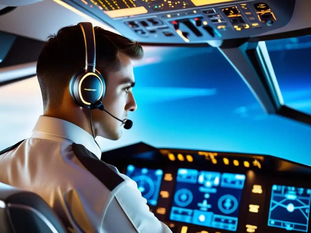 Un piloto usando una pantalla táctil en un moderno y futurista cockpit de avión