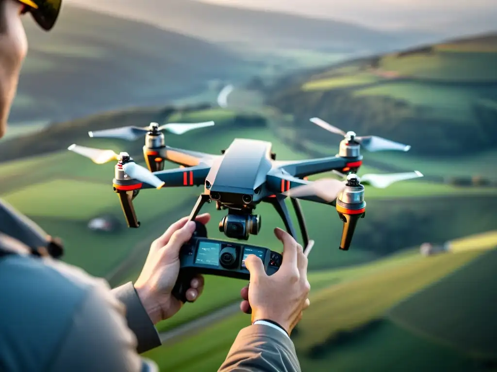 Un piloto de UAV maniobra con destreza el dron sobre un paisaje, demostrando profesionalismo y enfoque