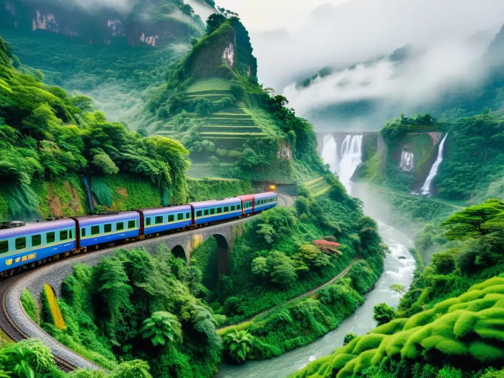 Una pintoresca ruta de tren serpenteando a través de un paisaje montañoso exuberante, con cascadas y picos neblinosos