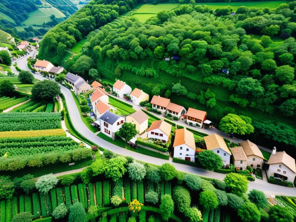 Pintoresco pueblo sin coches rodeado de naturaleza exuberante, con calles empedradas y vehículos eléctricos