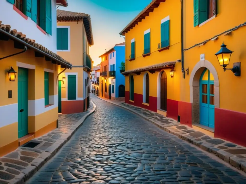 Pintoresco pueblo español con vehículos eléctricos integrados en la arquitectura antigua al atardecer