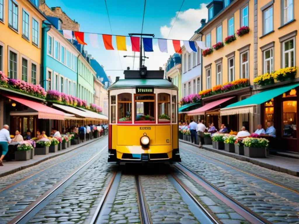 Un pintoresco tranvía en una encantadora calle europea, rodeado de edificios históricos y animada vida urbana