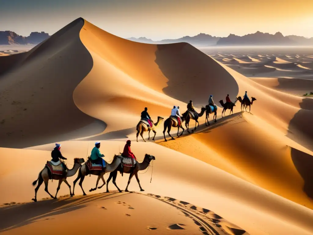 Una pintura del desierto con una caravana de camellos, evocando la importancia cultural del camello en un paisaje arenoso y vasto