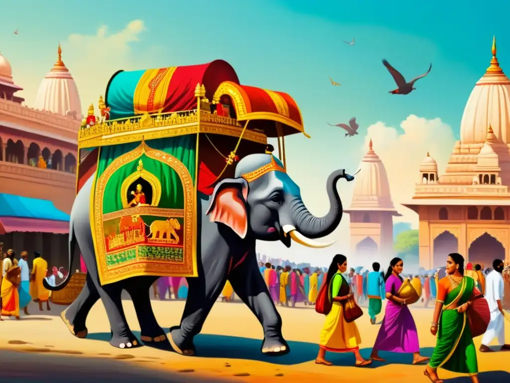 Una pintura detallada muestra un bullicioso escenario de la antigua India, con elefantes majestuosos como principal medio de transporte