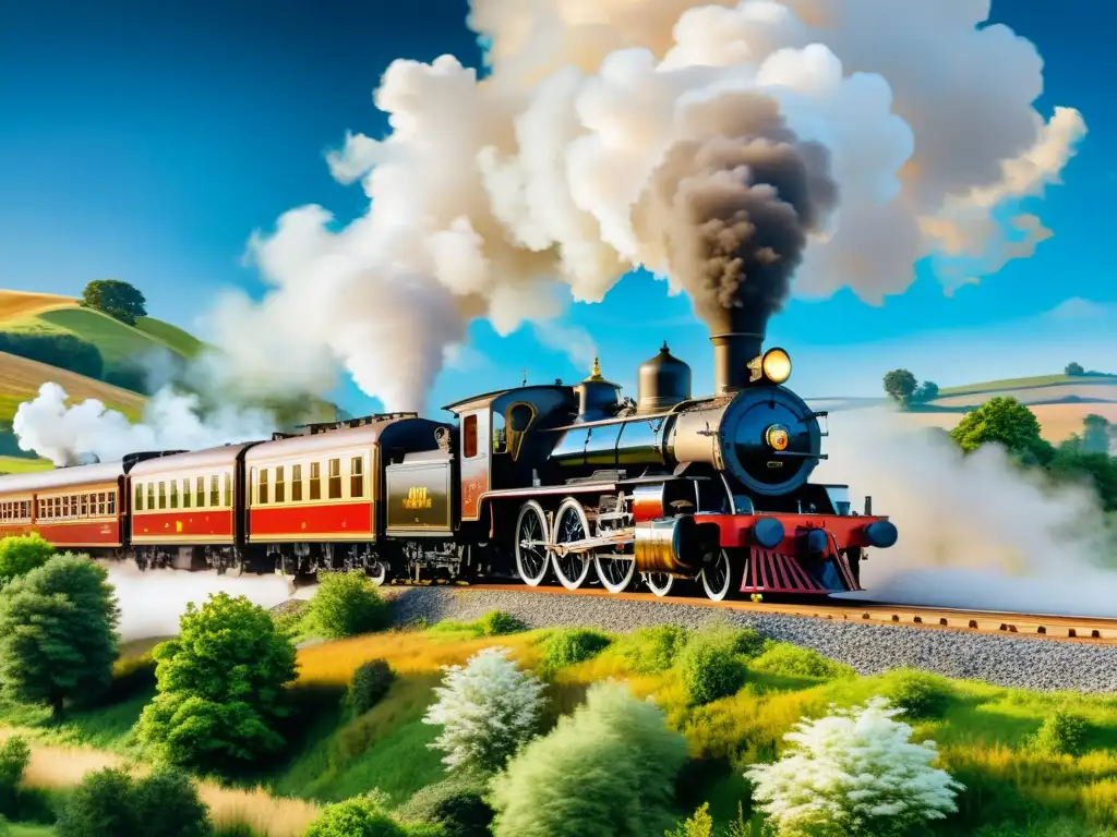 Una pintura detallada en 8k de una histórica locomotora a vapor atravesando un pintoresco paisaje, exudando nostalgia y poder