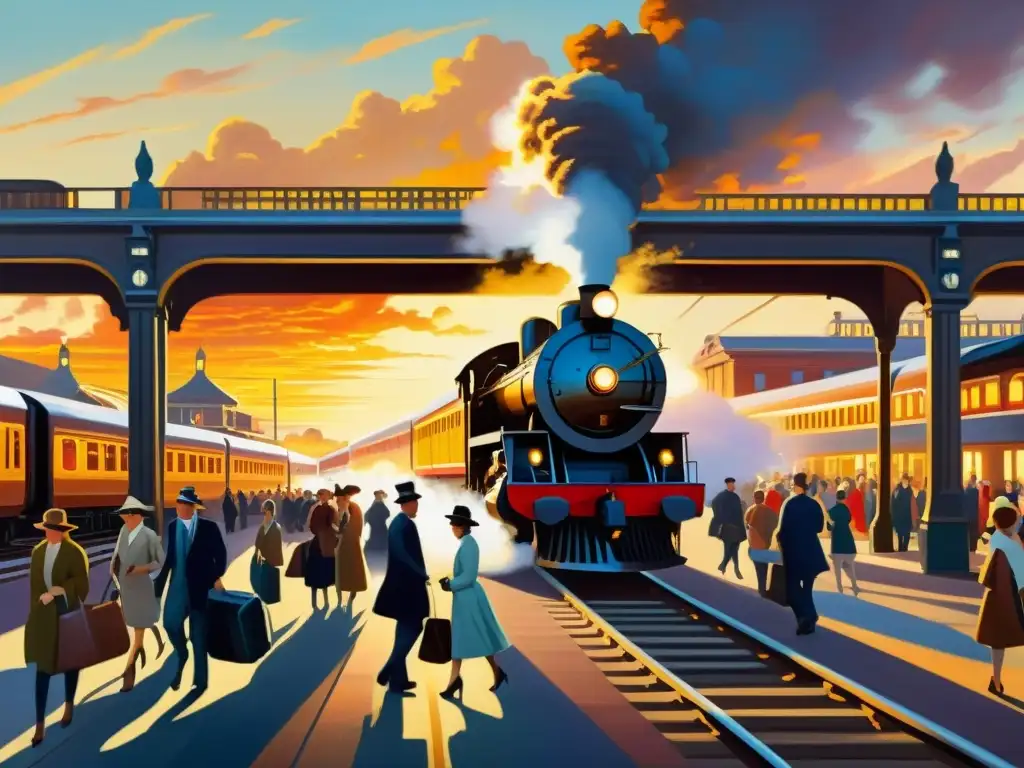 Pintura impresionista de trenes en estación bulliciosa al atardecer, evocando nostalgia y movimiento dinámico