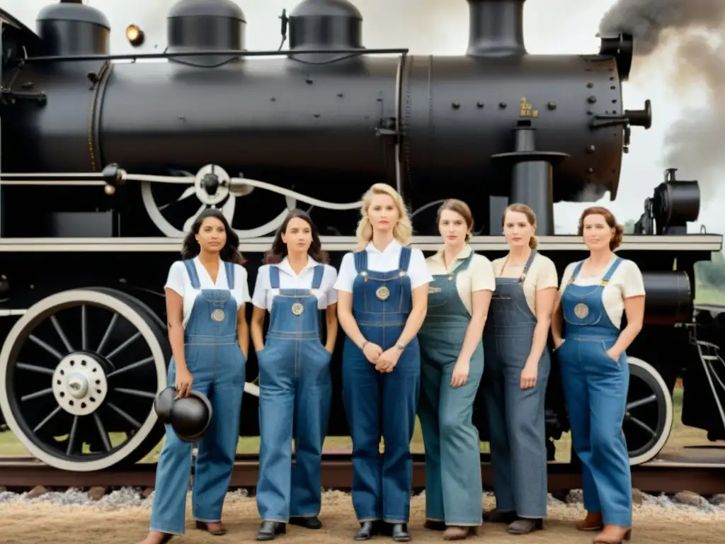 Pioneras en la evolución del transporte: Mujeres con overoles frente a una locomotora vintage, rodeadas de trabajadores