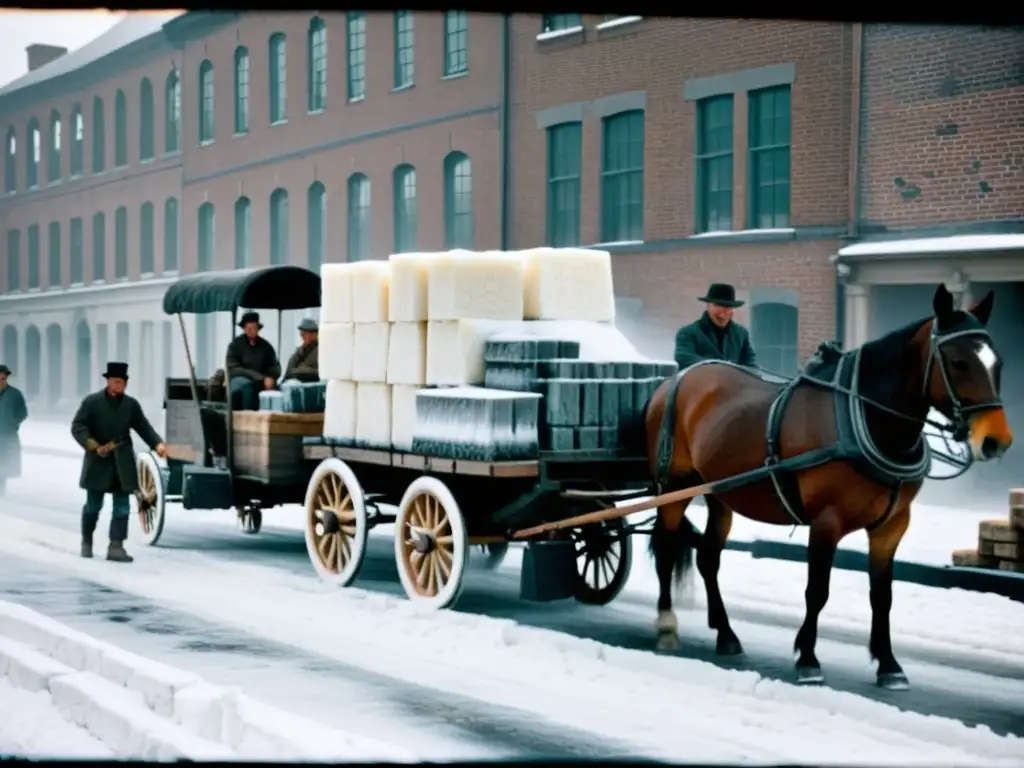 Pioneros de la logística fría: trabajadores descargando bloques de hielo en un carro tirado por caballos