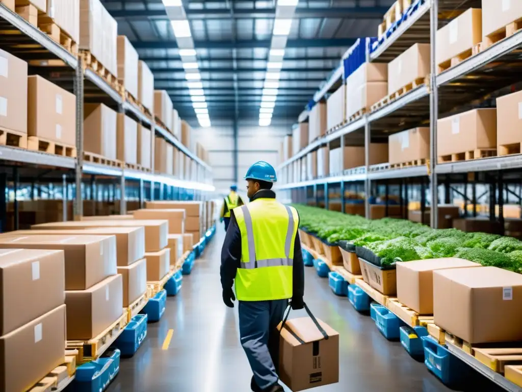 Pioneros de la logística en frío: trabajadores organizando y transportando productos frescos en un almacén de alta tecnología