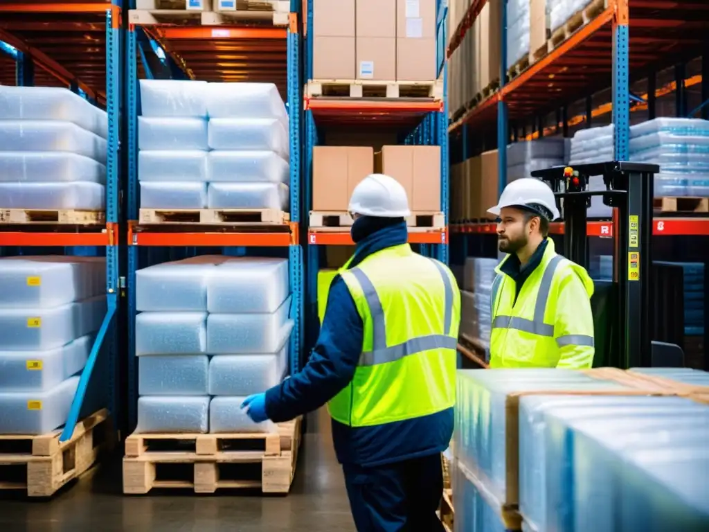 Pioneros de la logística en frío: trabajadores organizados en almacén frigorífico, innovaciones en transporte visibles en la imagen