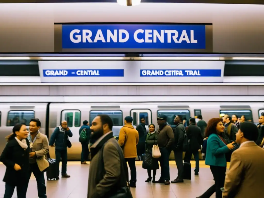 Plataforma abarrotada de la estación de metro 'Grand Central', reflejando la diversidad y el bullicio urbano