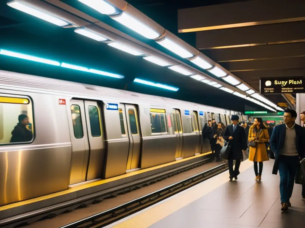 Plataforma de estación de metro llena de vida urbana, iluminada con murales coloridos