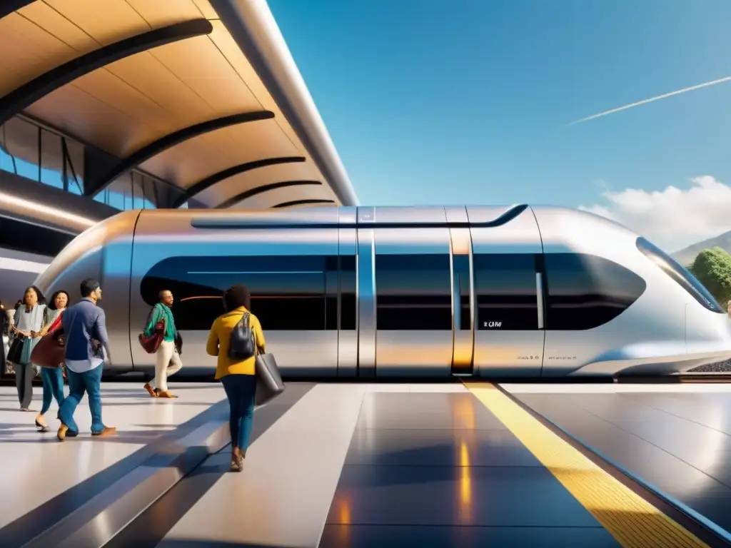 En la plataforma de la estación, personas diversas esperan un Hyperloop inclusivo y accesible