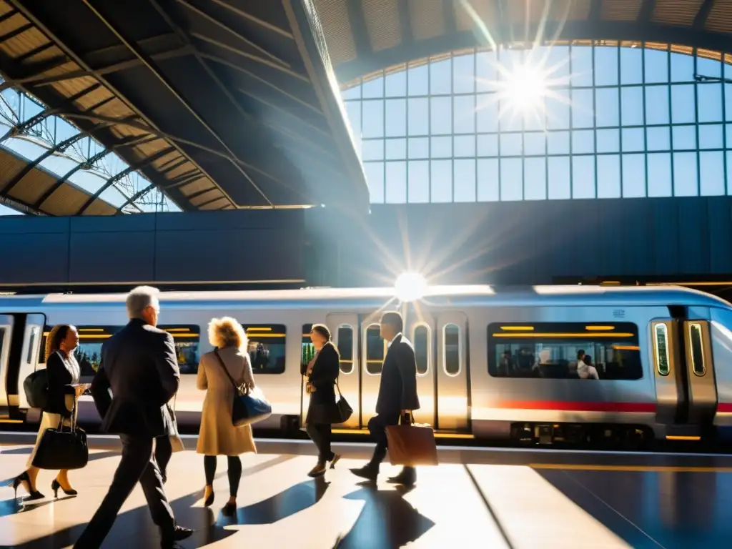 Plataforma de estación de tren bulliciosa con arquitectura moderna y energía urbana, evolución estaciones transporte actividad social