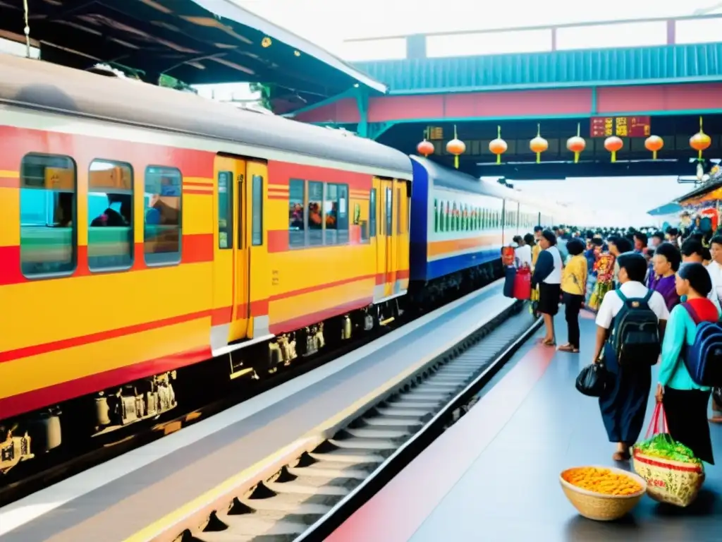 Plataforma de estación de tren bulliciosa en un festival cultural