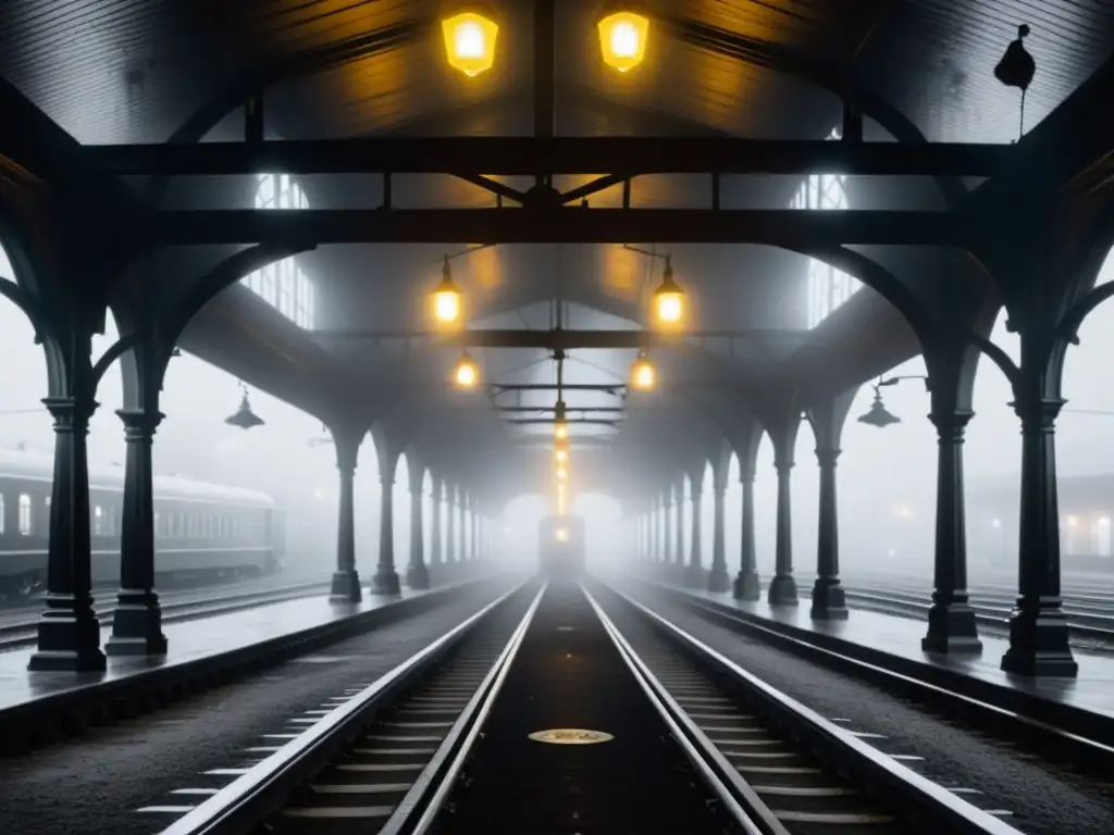 Una plataforma de estación de tren desierta, envuelta en niebla, evocando el miedo y la historia del transporte del siglo XIX