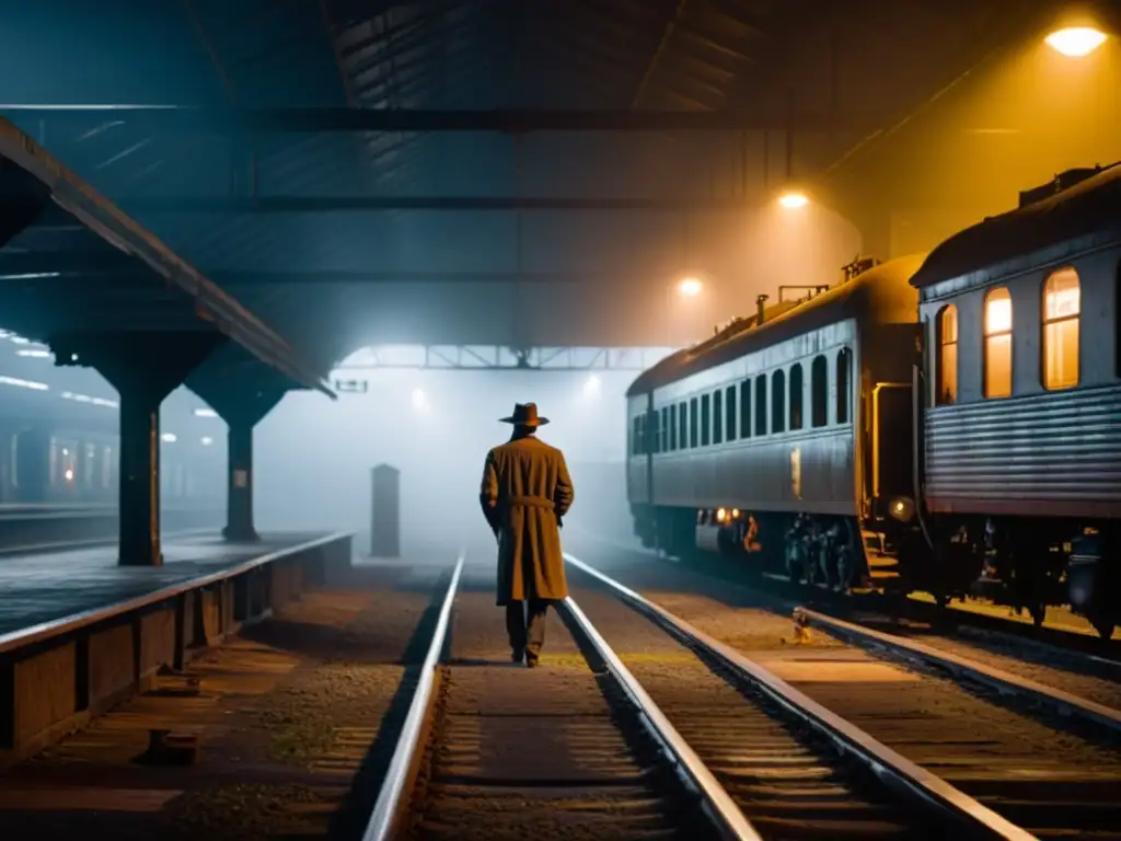 En una plataforma de tren desierta y neblinosa, una figura solitaria mira ansiosamente las vías