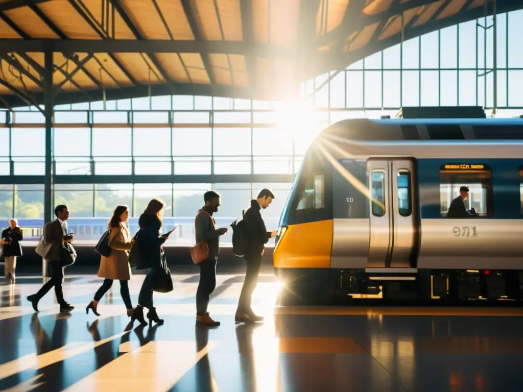 Plataforma de estación de tren llena de actividad, con luz solar, gente y tren en movimiento