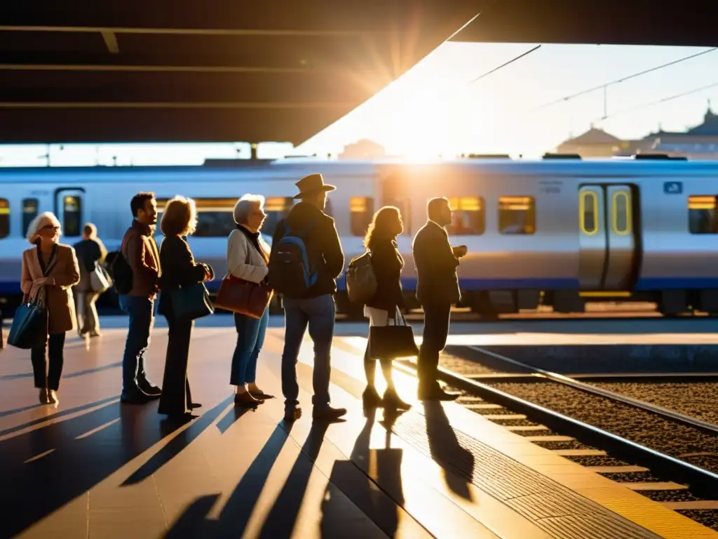 Plataforma de estación de tren llena de viajeros, bañada por la cálida luz del atardecer