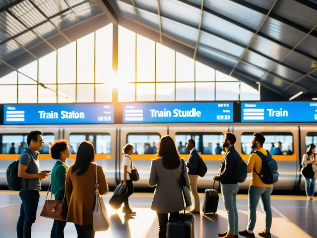 Plataforma de estación de tren llena de viajeros usando aplicaciones móviles para su viaje ferroviario moderno, con trenes listos en el fondo