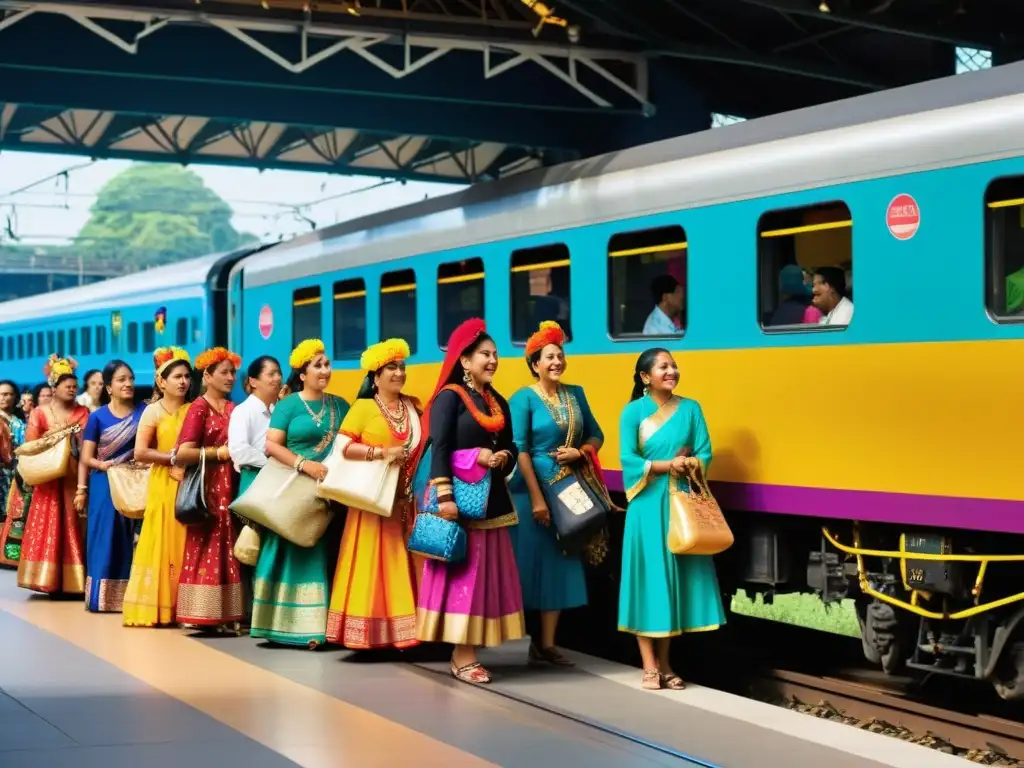 Una plataforma de estación de tren llena de viajeros de todas las edades y orígenes, esperando la llegada de un vibrante tren de festival