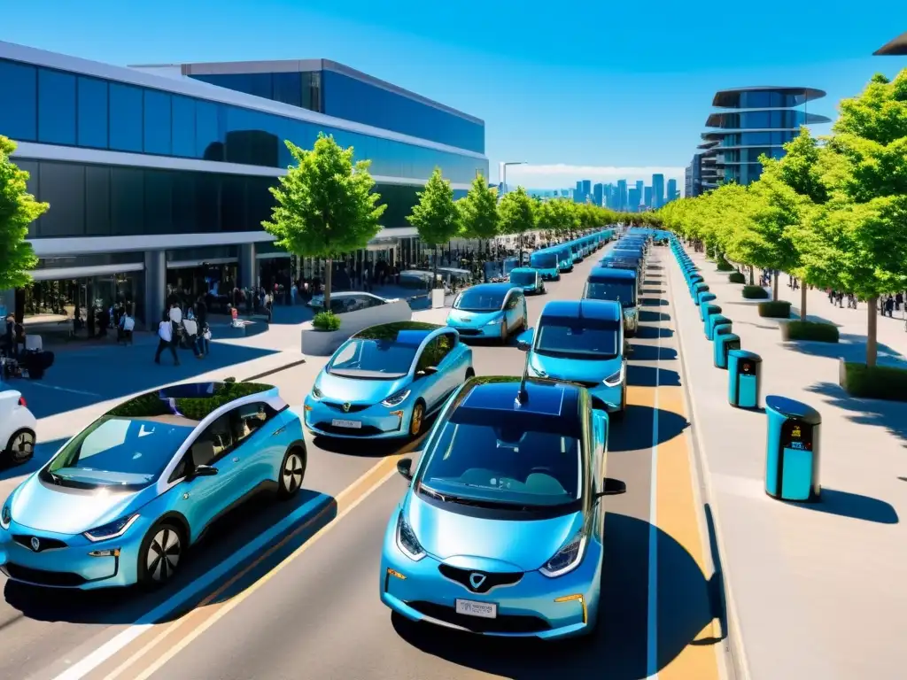 Escena urbana: vehículos eléctricos y energía sostenible Plataformas de ride sharing ecológico en bulliciosa ciudad moderna, con vehículos eléctricos y estaciones de carga solar