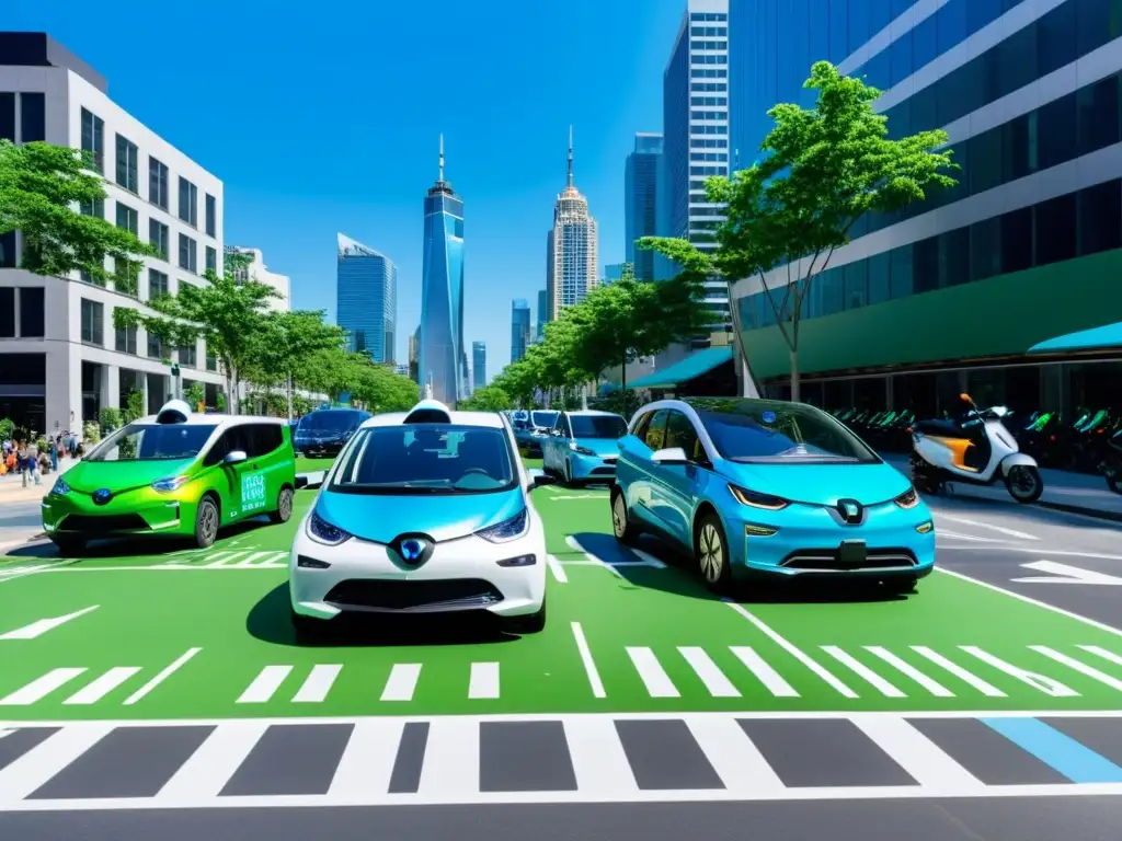 Vehículos eco-friendly en la ciudad Plataformas de ride sharing ecológico transforman una bulliciosa calle urbana con vehículos sostenibles y modernos edificios contra un cielo azul