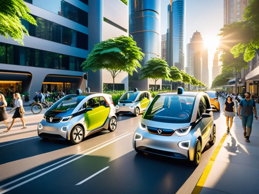 Vehículos eléctricos en una ciudad sostenible Plataformas de ride sharing ecológico en una ciudad moderna y sostenible, con vehículos futuristas y cero emisiones