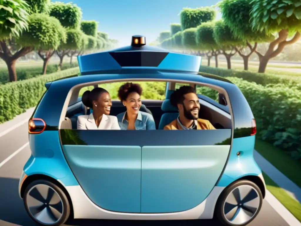 Comunidad ecoamigable compartiendo viaje en auto eléctrico Plataformas de ride sharing ecológico: Personas sonrientes y felices compartiendo un viaje en auto eléctrico en un entorno natural y sostenible