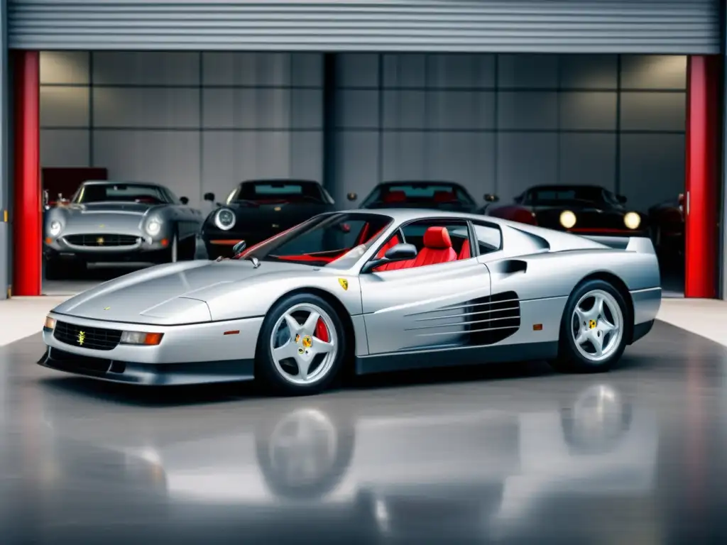 Un Ferrari Testarossa plateado frente a una fábrica futurista, con puertas de ala de gaviota abiertas y lujoso interior rojo