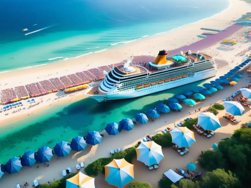 Playa abarrotada con sombrillas coloridas, turistas tomando sol, y un crucero al fondo emitiendo humo