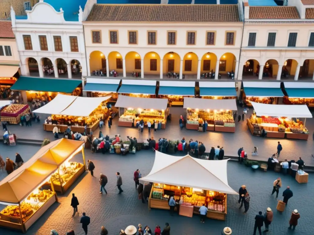 Plaza animada con turistas, puestos de mercado y arquitectura histórica