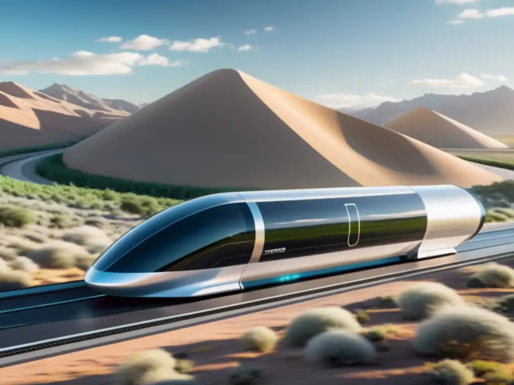 Un pod de carga Hyperloop futurista y aerodinámico se desplaza a lo largo de una pista brillante, simbolizando los beneficios del transporte de carga con Hyperloop en un viaje eficiente y rápido hacia el futuro