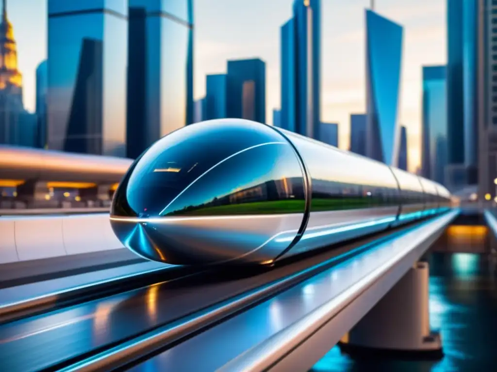 Un pod futurista de Hyperloop se desliza a alta velocidad en un tubo al vacío, mientras la ciudad bulliciosa pasa rápidamente