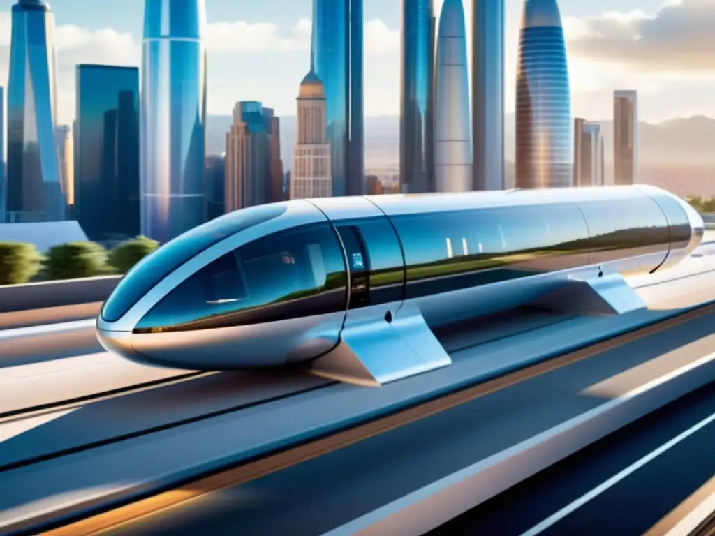 Un pod futurista de hyperloop surca una ciudad moderna, evocando la Infraestructura de transporte terrestre del futuro