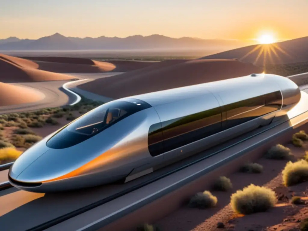 Un pod futurista de Hyperloop adaptado para necesidades específicas surca suavemente una pista curva, con el sol poniéndose en el fondo, creando un cálido resplandor naranja sobre el paisaje