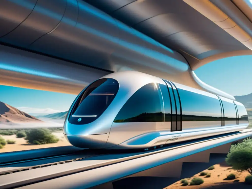 Un pod futurista del Hyperloop se desplaza a gran velocidad por un tubo transparente, rodeado de infraestructura de alta tecnología y diseño avanzado