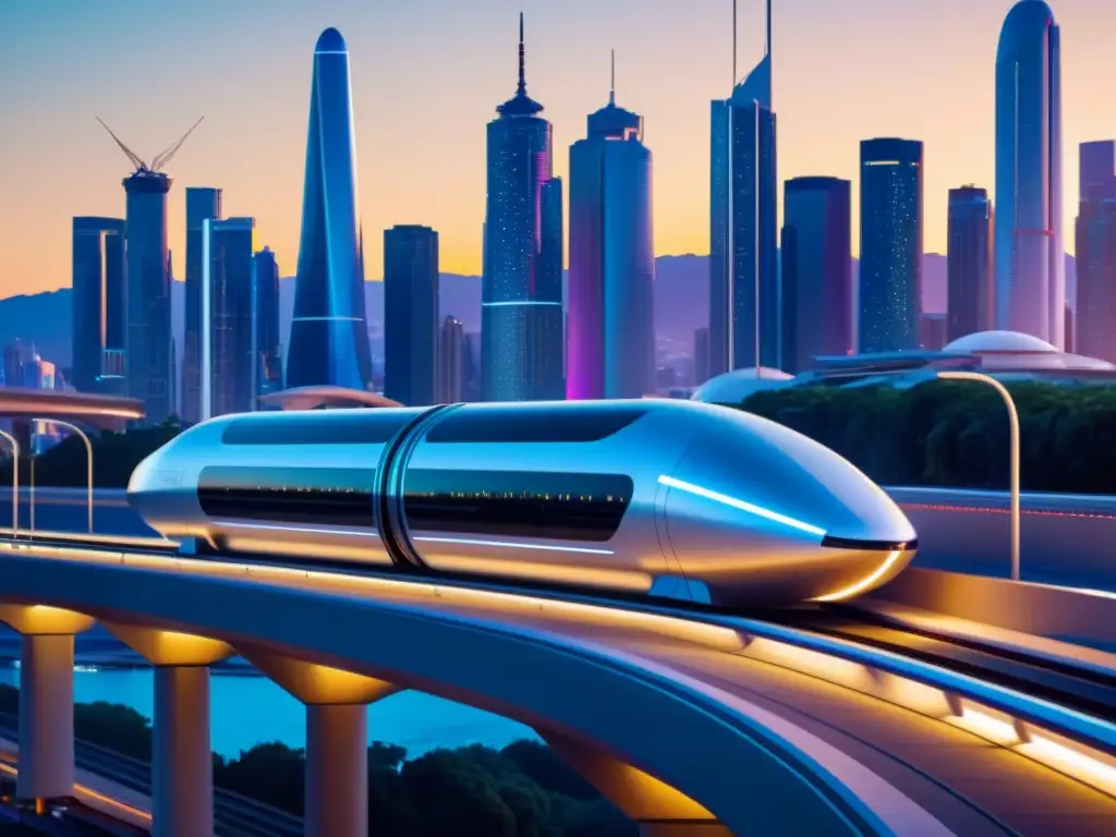 Un pod futurista de Hyperloop iluminado, suspendido sobre vías, ante un bullicioso horizonte urbano al anochecer