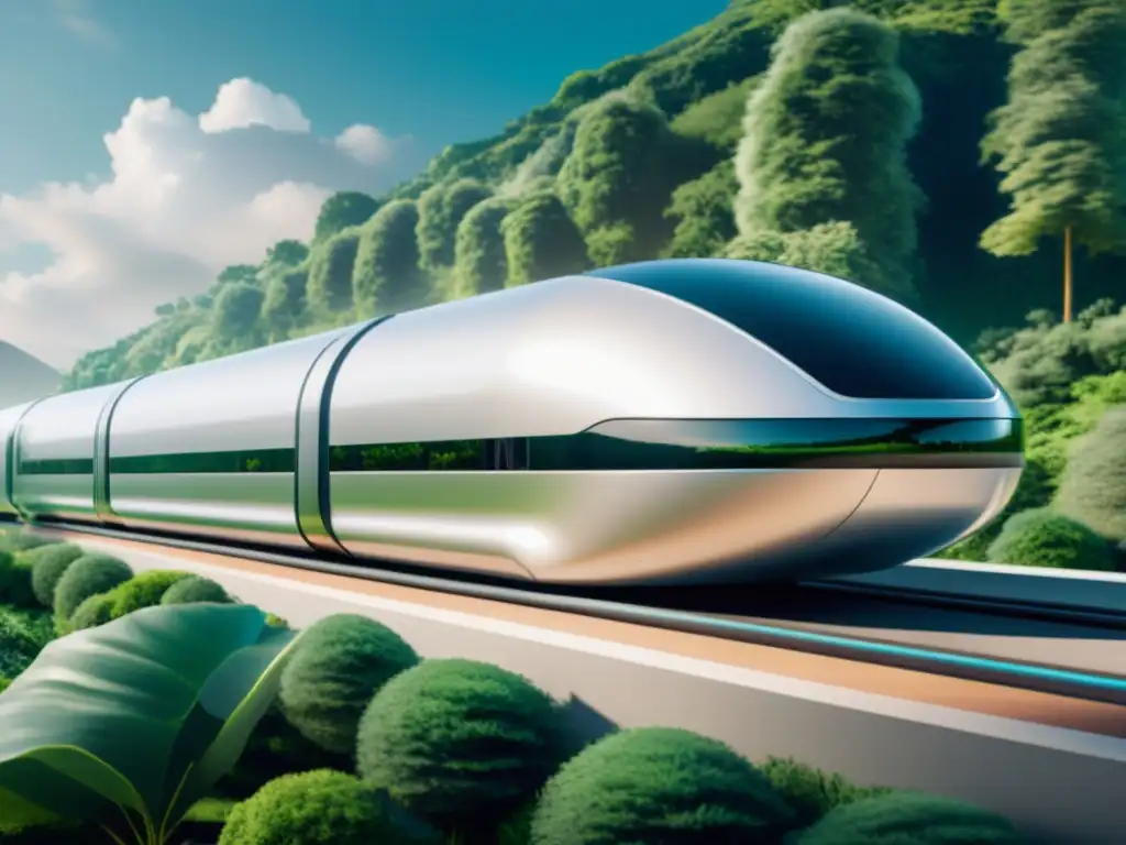 Hyperloop plateado surca la naturaleza europea con innovación Un pod futurista de Hyperloop plateado se desliza sin esfuerzo por una vía curva, rodeado de exuberante vegetación y arquitectura moderna en Europa