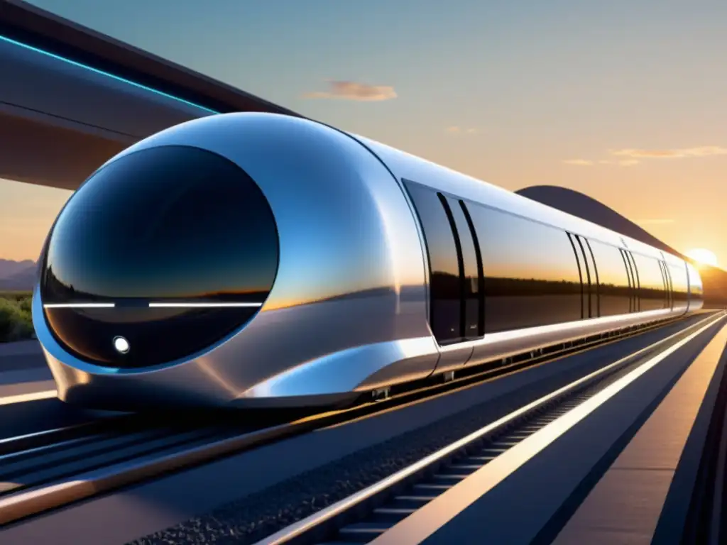 Un pod futurista de Hyperloop en vías, con el sol poniéndose detrás