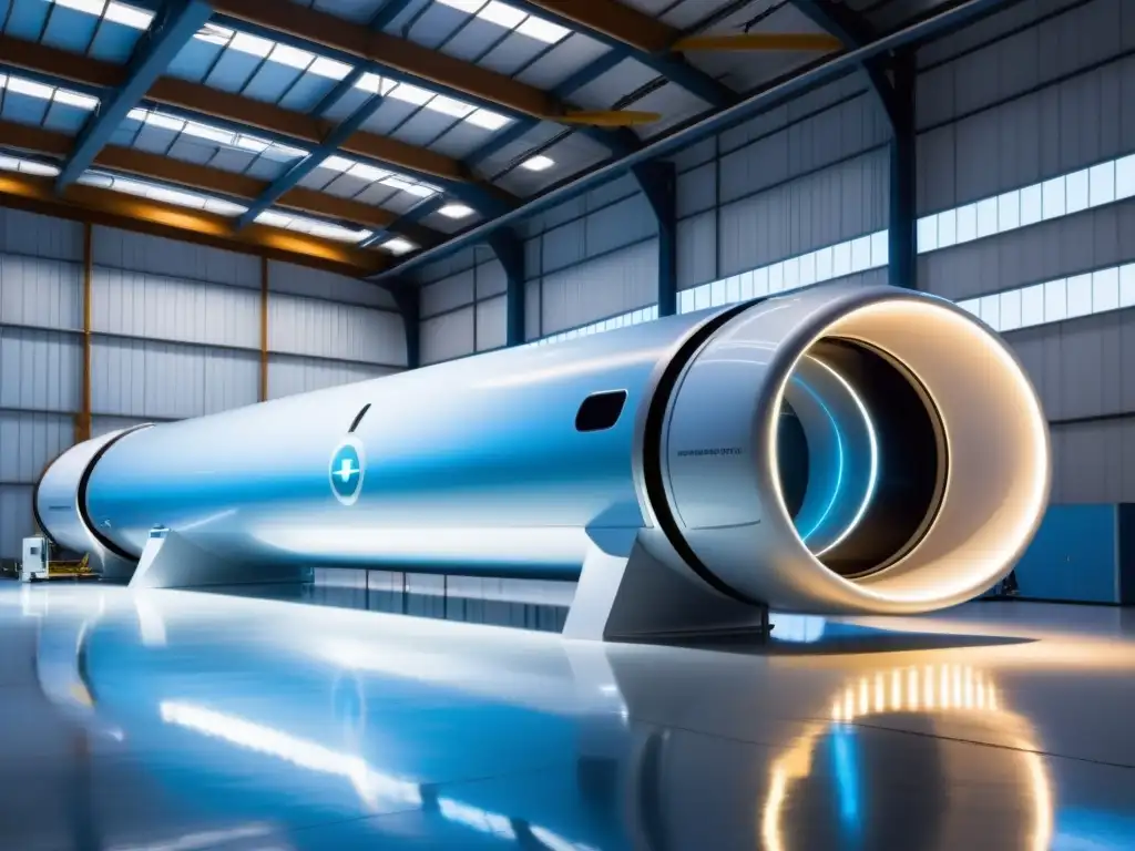 Un pod futurista de Hyperloop suspendido en un hangar brillante, con ingenieros y robots de IA en operación y mantenimiento Hyperloop