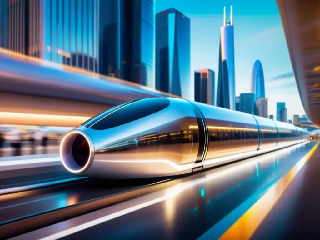 Un pod futurista del Hyperloop, transporte del futuro, surca un tubo transparente a alta velocidad, destacando su diseño de vanguardia y tecnología