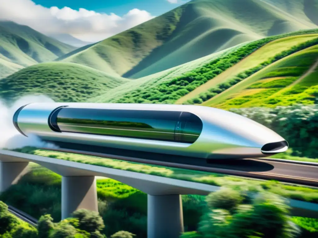 Un pod futurista de Hyperloop deslizándose a través de un exuberante paisaje verde, destacando su diseño aerodinámico y tecnología de vanguardia