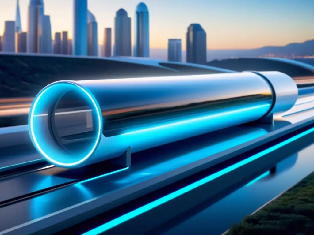 Un pod futurista del Hyperloop se desliza suavemente a través de un tubo transparente, iluminado por una luz azul suave