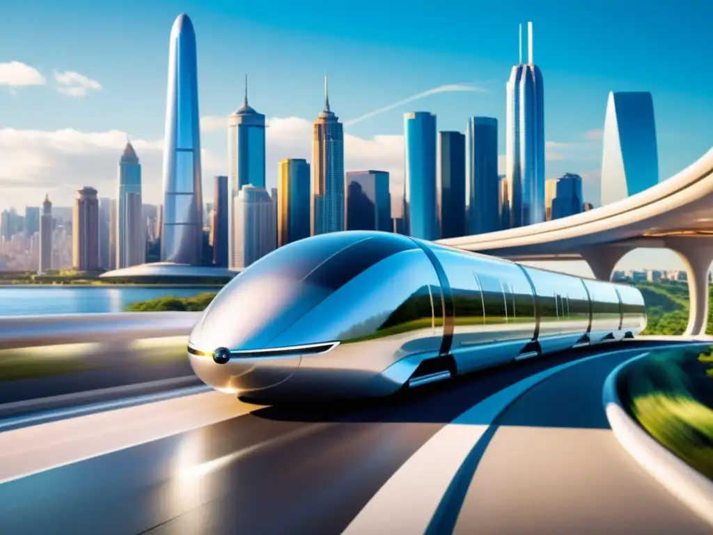 Un pod futurista de Hyperloop se desliza suavemente por una pista curva, mostrando el potencial del futuro transporte terrestre alta velocidad