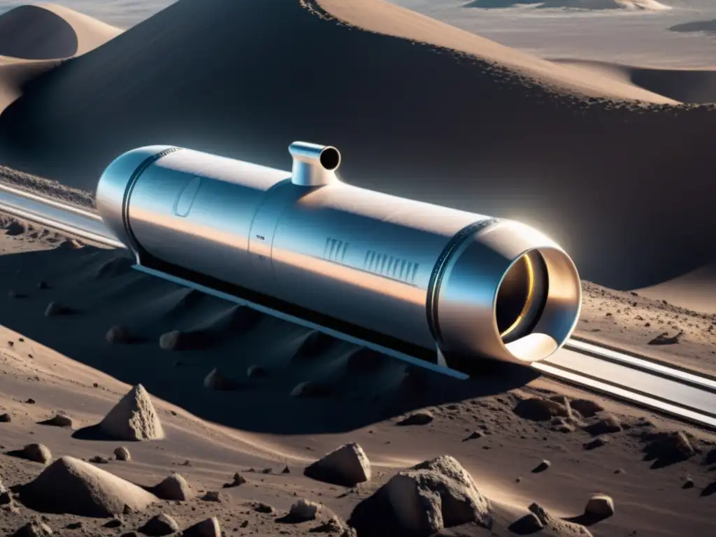 Un pod futurista plateado de Hyperloop surca la Luna, dejando estela de polvo lunar