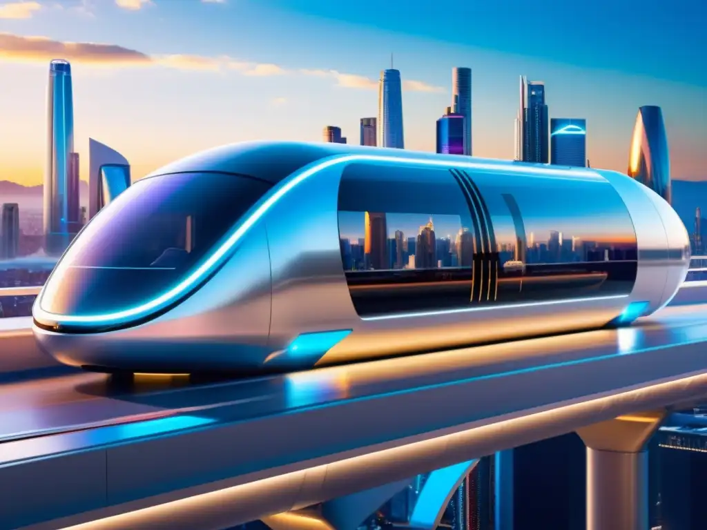 Un pod futurista de Hyperloop se desliza suavemente por un túnel de alta tecnología, mostrando una panorámica de una ciudad bulliciosa