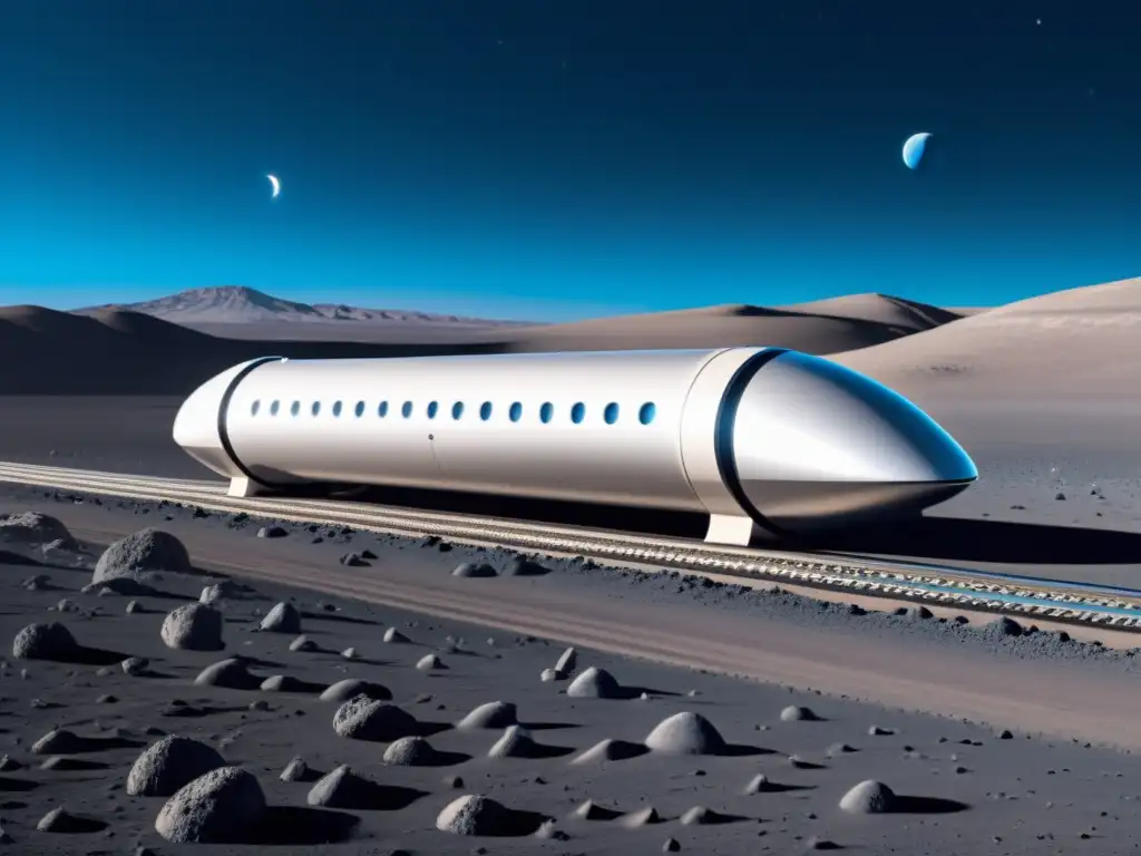 Un pod de Hyperloop plateado viaja a alta velocidad sobre la superficie lunar, creando un paisaje futurista de transporte de alta velocidad en la Luna